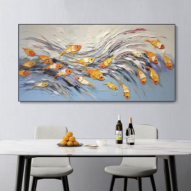 Handmade Oil Painting Canvas Wall Art Decoration Modern Abstract Happy Fish for Living Room Home Decor Stretched Frame Hanging Painting/Rolled Frameless Unstretched Painting2