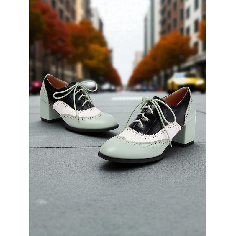 Women's Two-Tone Oxford Block Heel Shoes – Retro Lace-Up Brogues in Mint Green and Metallic for 1950s-Inspired Street Style, Daily Outfits, and Casual Events4