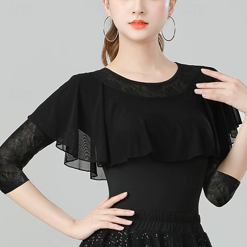 Latin Dance Top Lace Pure Color Splicing Women's Performance Training 3/4 Length Sleeve High Polyester3
