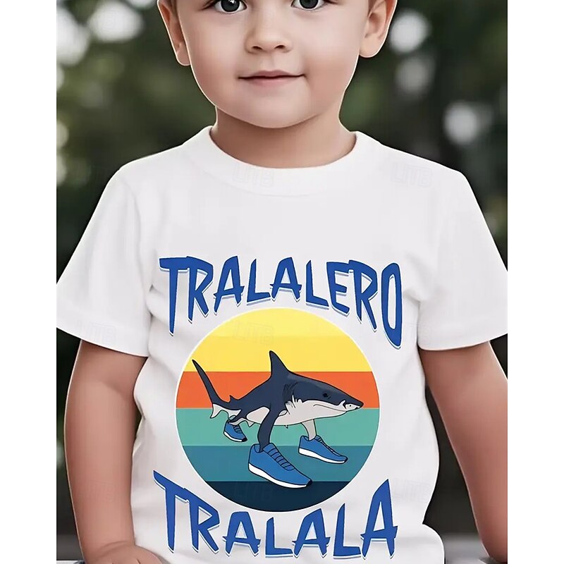Boys' Printed T-Shirt TRALALA Shark Cartoon Graphic Short-Sleeve Top Fashion Summer Trendy and Cool Personality Tee3