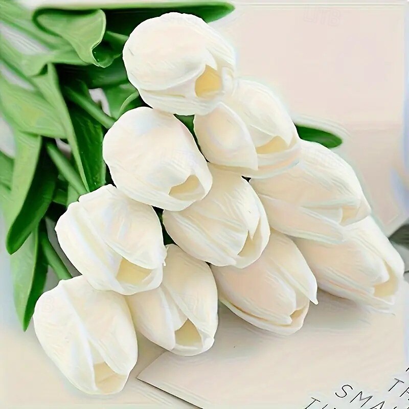 10pcs Realistic White Tulip Artificial Flowers with Lush Green Leaves – Durable PU Material for Weddings, Engagements, and Home Decor – Battery-Free Wedding Floral Arrangement