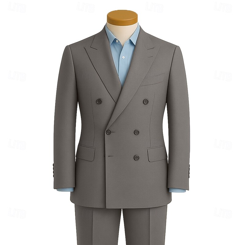 Men's Wedding Party Suits Notch Lapel Grey Business Formal Solid Colored Slim Fit 2 Piece Double Breasted Six-buttons2