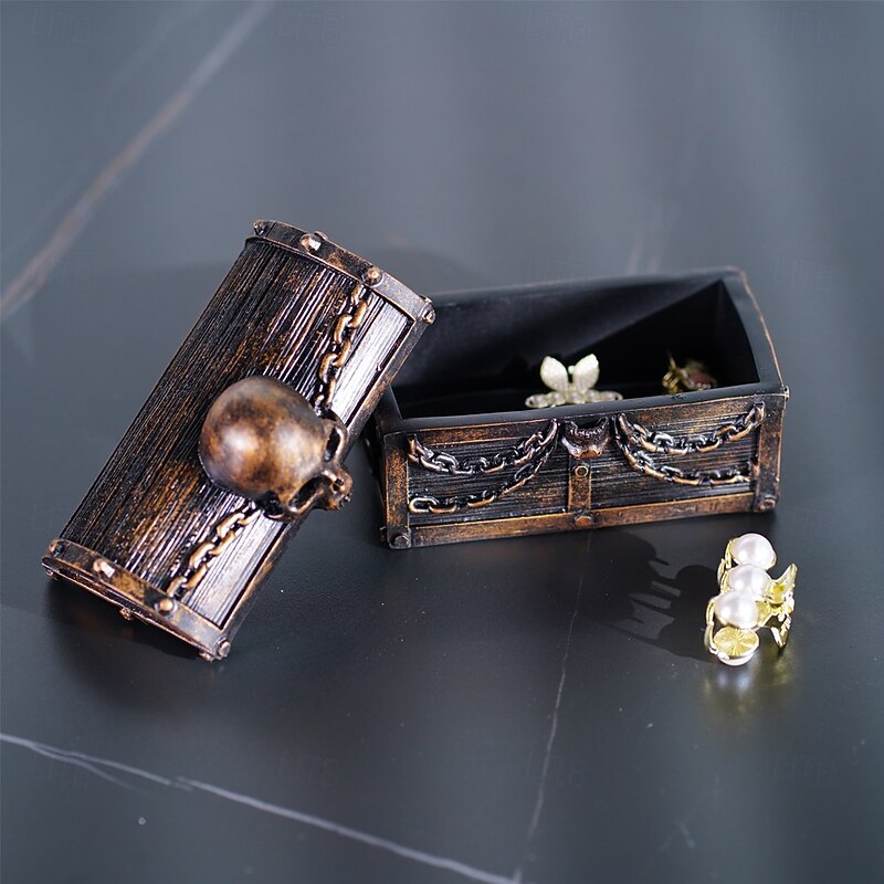 Halloween Statue Skull Treasure Chest Storage Box Decorative Jewelry Organizer Spooky Tabletop Ornament for Home Bar Display Gothic Gift Container Halloween Accent Decor2