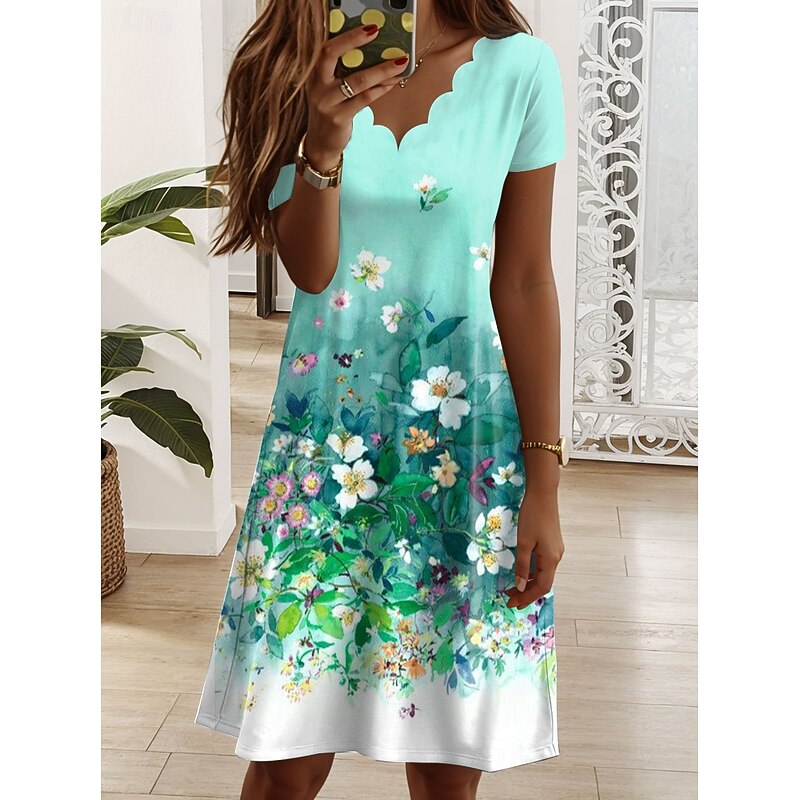 Women's Mini Dress T Shirt Dress Tee Dress A Line Dress Summer Dress Elegant Vacation Casual Regular Fit Floral Graphic Short Sleeve V Neck Pink Blue Purple Green Summer Spring