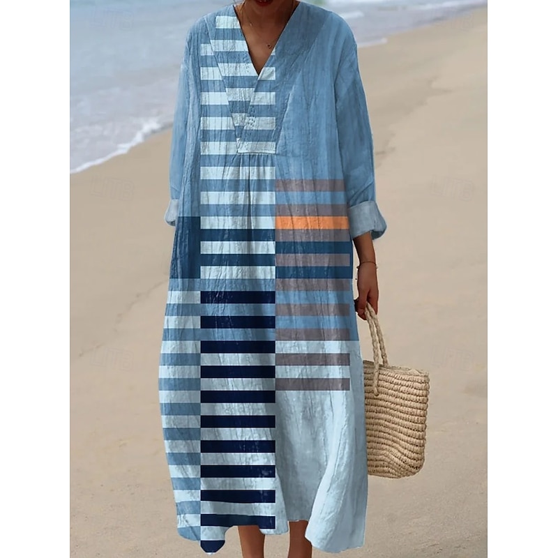 Women's Midi Dress V Neck Long Sleeve Kaftan Lightweight Loose Fit A Line Dress Casual Boho Going out Graphic Geometric Long Sleeve V Neck Dark Yellow Red Light Brown Blue Fall2