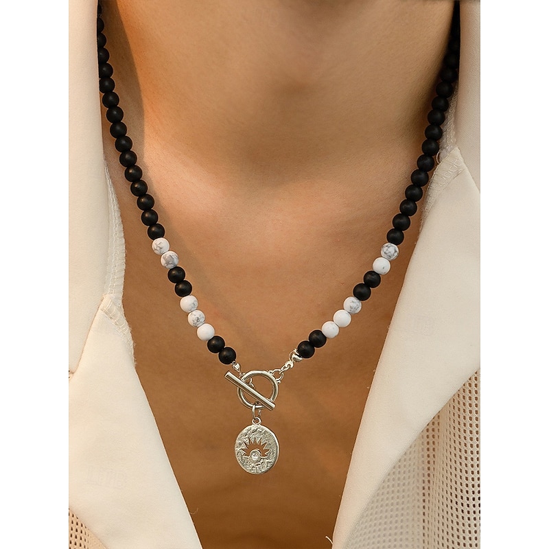 Men's Natural Stone Beaded Necklace – Black and Blue Gemstone Choker with Sun Charm Pendant, Toggle Clasp for Boho or Party Outfits