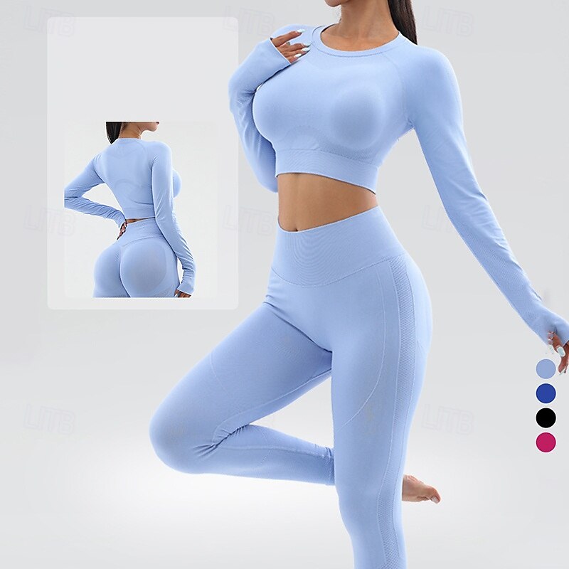 Women's 2 Pieces Yoga Sweatsuit Lounge Outfits  Seamless Leggings Fall Solid Color Clothing Suit Black Royal Blue Gym Workout Volleyball Running High Waist Quick Dry Breathable Long Sleeve Sport