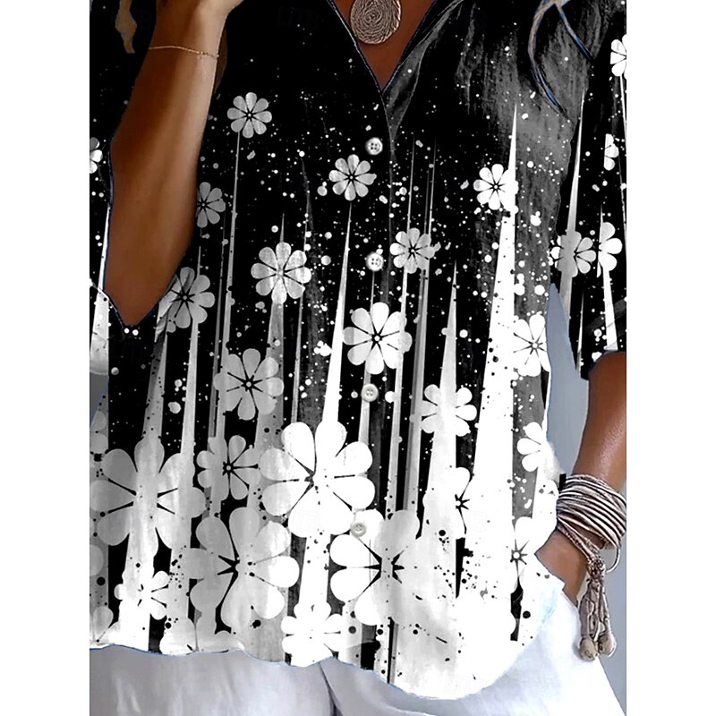 Women's Shirt Button Down Tunic Shirt Collar Long Sleeve Ombre Floral Graphic Vintage Tropical Daily Regular Tops Work Daily Holiday s Print Black And White Spring Fall3