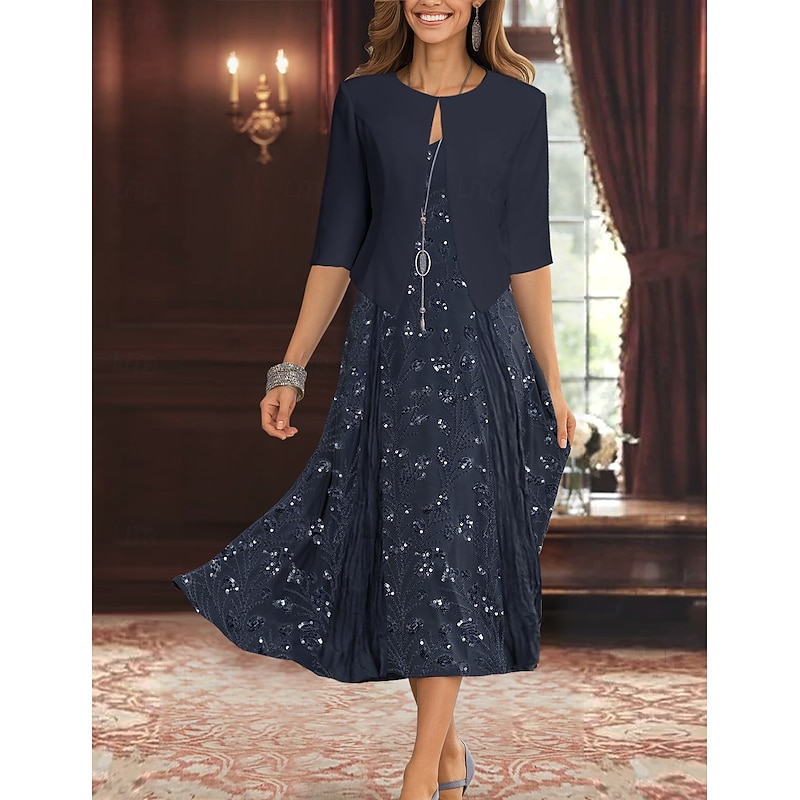 Two Piece A-Line Mother of the Bride Dress Elegant Simple Luxurious V Neck Tea Length Midi Length Beaded Lace Chiffon with Stretch Crepe Jacket