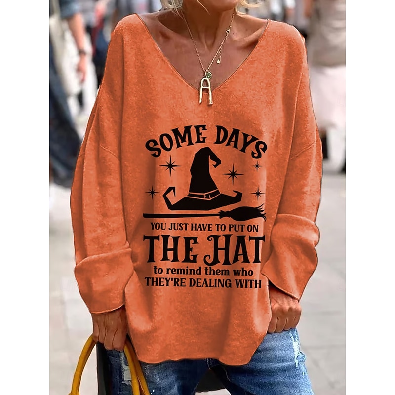 Halloween Women's T shirt Witch Graphic Letter Elegant Fashion Casual Long Sleeve V Neck Regular Tops Daily Weekend Print Black Purple Orange Green Gray Spring Fall