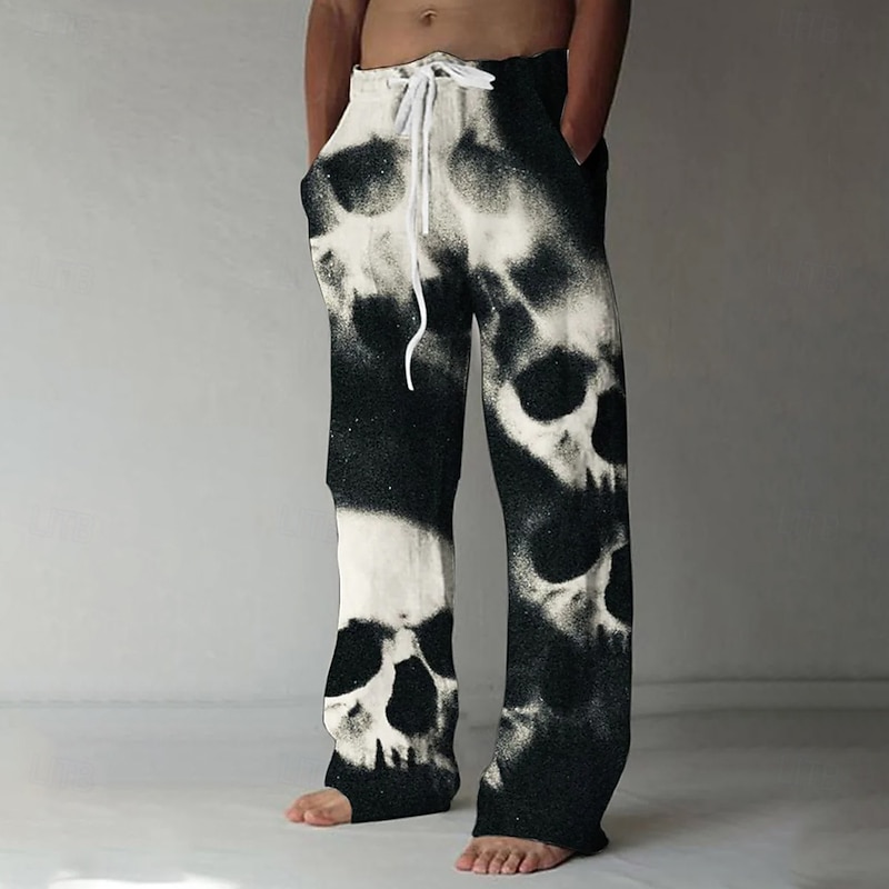 Halloween Men's Halloween Costumes Skulls Trousers Baggy Pants Casual Pants Mid Waist Casual Outdoor Vacation Elastic Drawstring Waist Linen-Like Pants with Pockets Spring Fall 3D Print Black Brown3