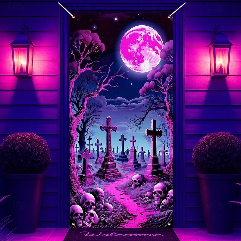 Halloween Door Cover Neon Graveyard with Full Moon Banner, Glowing Blacklight Entrance Decoration for Outdoor & Indoor 2025 Halloween Bedroom, Living Room, Bathroom3