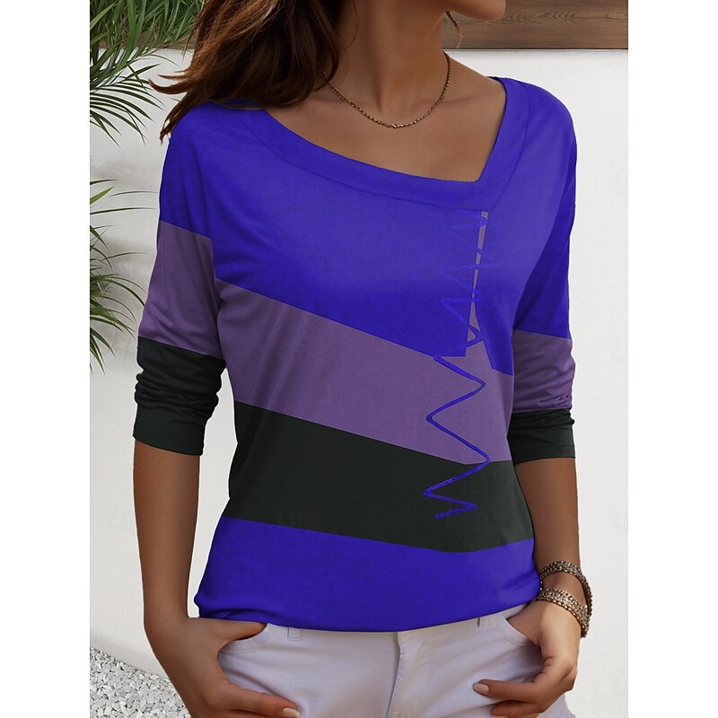 Women's T Shirt Graphic Geometric Vintage Casual Long Sleeve Asymmetric Neck Regular Tops Daily Print Yellow Red Royal Blue Purple Spring Fall2