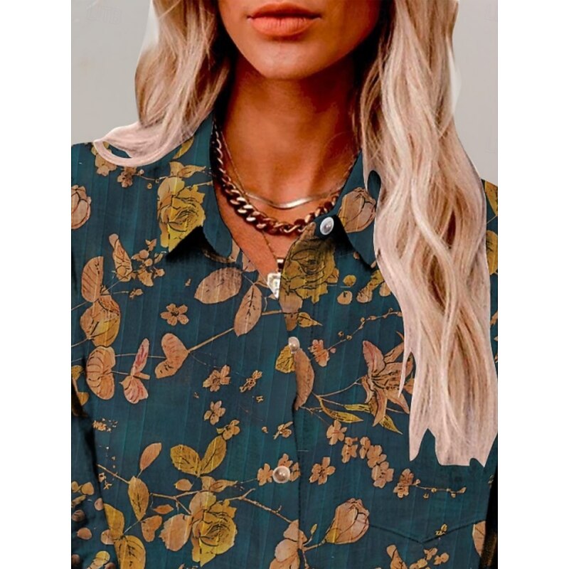 Women's Shirt Floral Active Daily Stylish Long Sleeve Shirt Collar Regular Tops Daily Holiday Buttons Print Blue Summer Spring Fall2