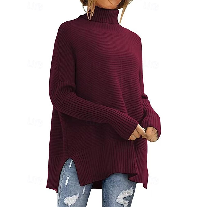 Women's Sweater Pullover Casual Soft Solid Color Ribbed Turtleneck Knitted Split Long Sleeve Regular Tops Knit Outdoor Daily Holiday Wine Red Fuchsia Fall Winter