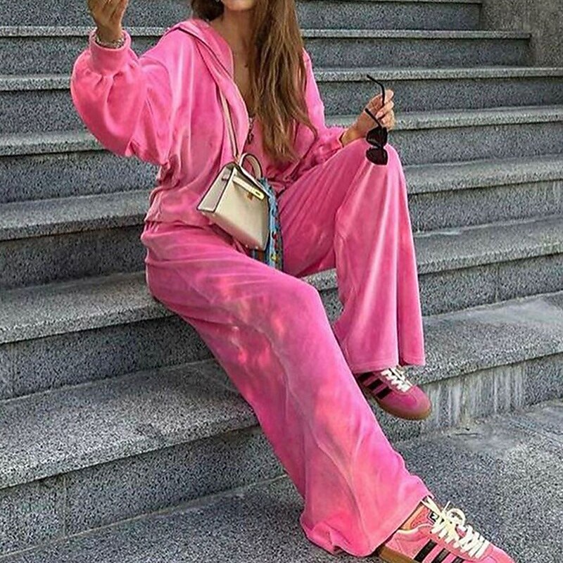 Women's Tracksuit Sweatpants Zip Up Hoodie Drawstring Pocket Solid Colored Clothing Suit Fall & Winter Black Pink Velvet Gym Training Running High Waist Windproof Moisture Wicking Long Sleeve Sport