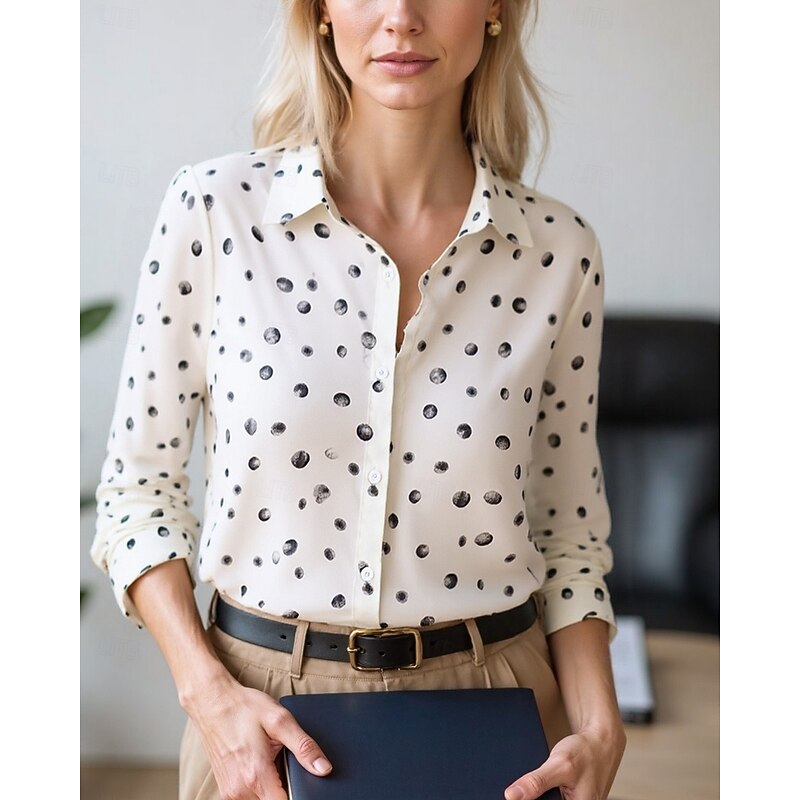 Women's Blouse Dressy Tops Chiffon Tops Geometric Color Block Elegant Daily Stylish Long Sleeve Shirt Collar Regular Tops Work Daily Buttons Print Black And White Black White Beige Spring, Fall2