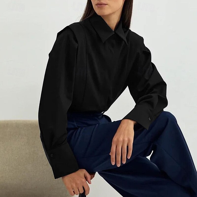 Women's Shirt Solid Color Elegant Daily Stylish Long Sleeve Puff Sleeve Shirt Collar Regular Tops Work Daily Holiday Ruched Black White Spring Fall4