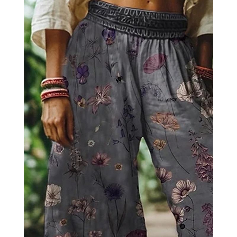 Women's Wide Leg Pants Trousers Palazzo Pants Fashion Boho Full Length High Waist Flower Elastic Waist Print Breathability Comfortable Street Daily Wear Going out Purple Spring Fall Regular Fit2