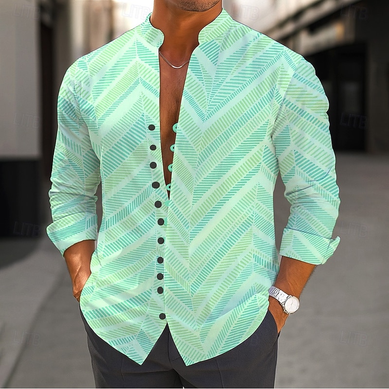Men's Gradient Chevron Shirt Stand Collar Shirt Long Sleeve Casual Vacation Daily Wear Going out Spring Fall Mandarin Collar Band Collar Button-Down Linen Like Shirt Pink Green Khaki