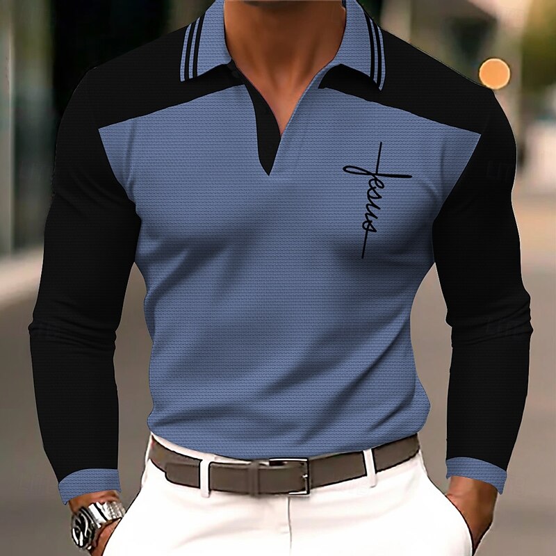 Men's Faith Polo Shirts Golf Shirt Long Sleeve Polo Shirts Collared Shirts WorkWear Formal Wear Festival Wear 3D Print Buttons Fall & Winter Blue Purple Orange2