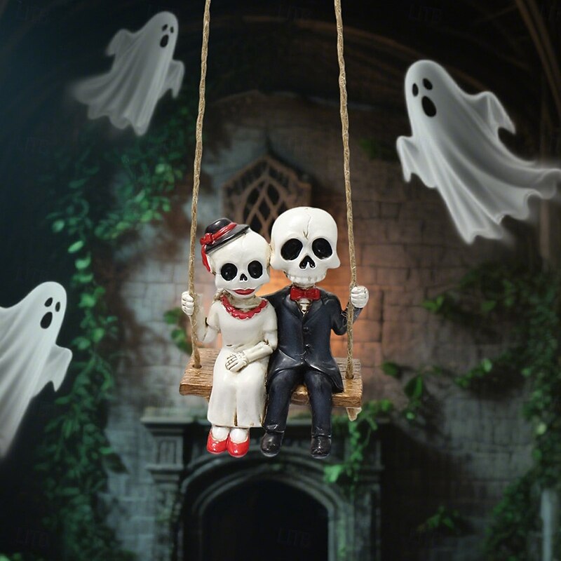 Halloween Resin Skeleton Couple on Swing Figurine, Spooky Outdoor Yard Garden Planter Decoration, Halloween Skeleton Ornament for Home and Patio2