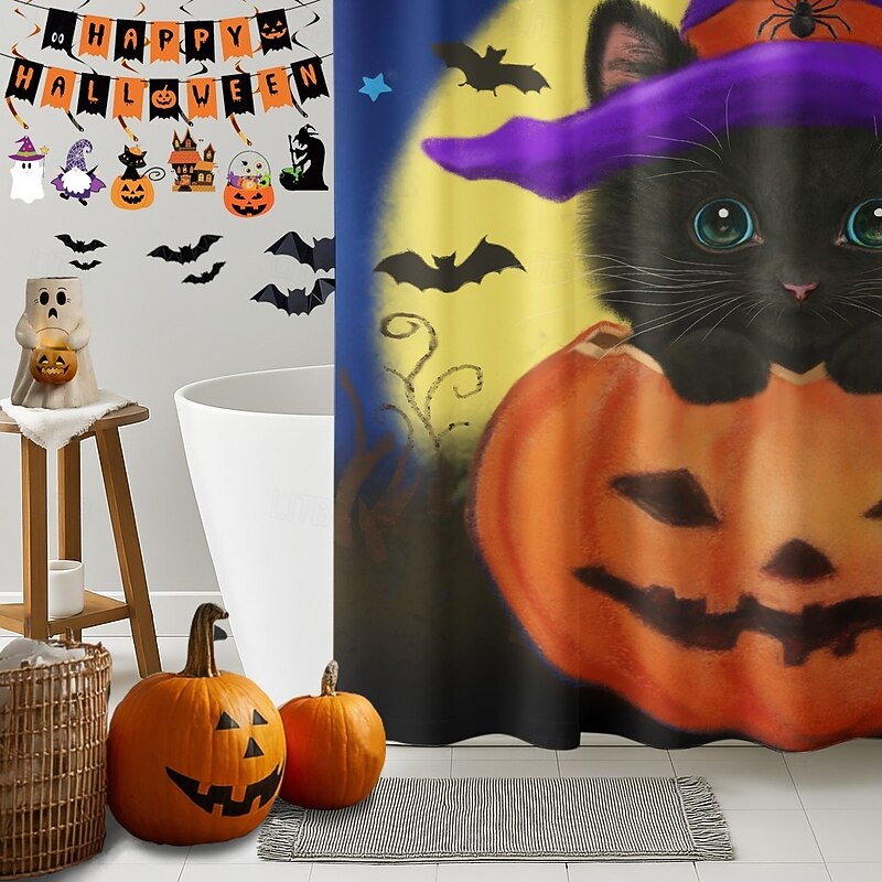 Halloween Cat by Kayomi Harai Halloween ShowerCurtain with Hooks Polyester Washable Waterproof Pattern Bathroom Bathtub Decor3