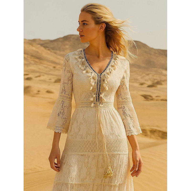 Women's Maxi Dress Sundress A Line Dress Vacation Party Birthday Party Going out Beach Solid Color 3/4 Length Sleeve V Neck White Apricot