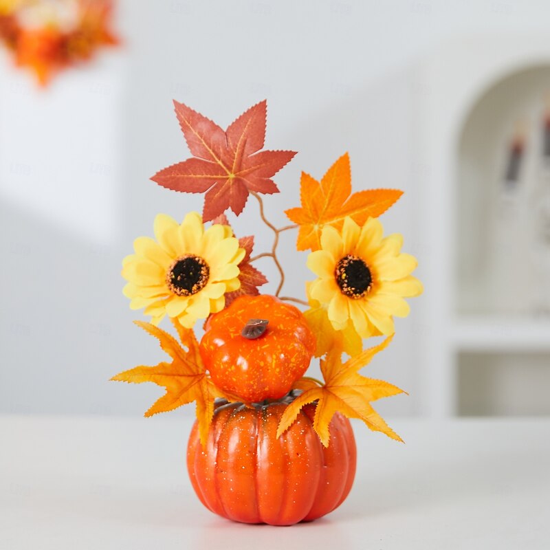 Halloween Fall Desktop Ornament with Faux Pumpkin, Maple Leaves and LED Light Up Decor for Autumn Harvest Festival, Spooky Fall Scene Decoration for Halloween4