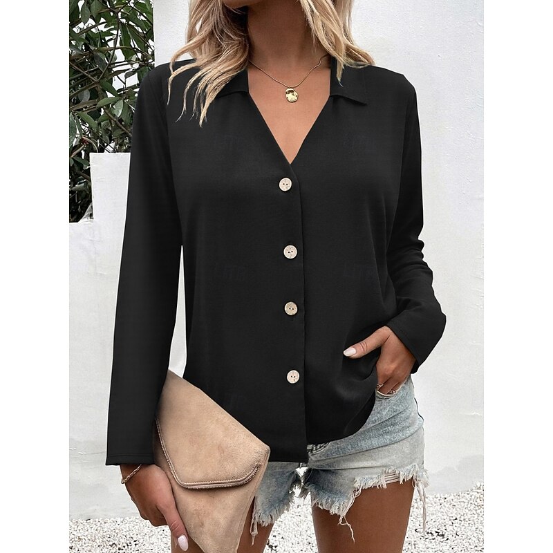 Women's Shirt Button Down Blouse Solid Color Stylish Casual Long Sleeve V Neck Regular Tops Daily Buttons Black White Blue Fuchsia Summer Spring4