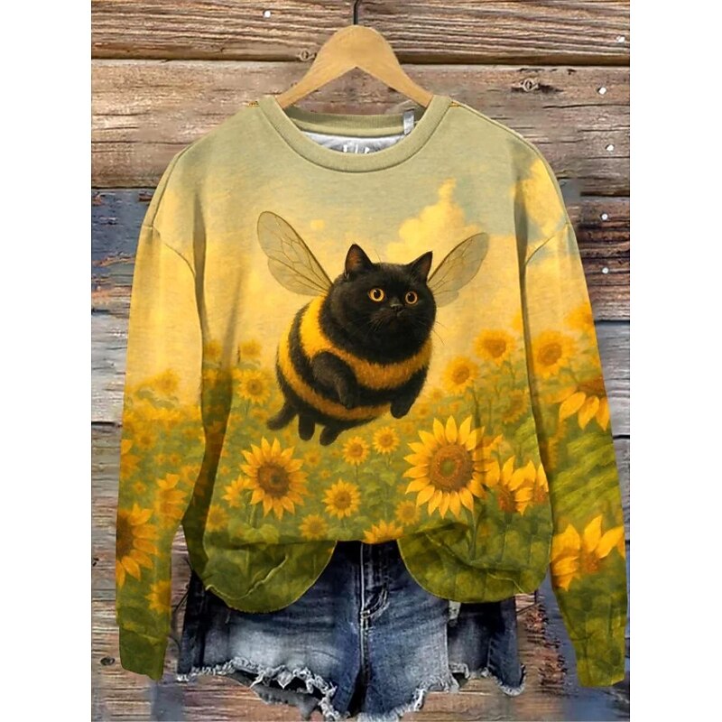 Women's Pullover Sweatshirt Graphic Animal Warm Active Vintage Long Sleeve Crew Neck Round Neck Regular Tops Street Dailywear Casual Print Black Yellow Pink Dark Pink Blue Spring Fall Winter