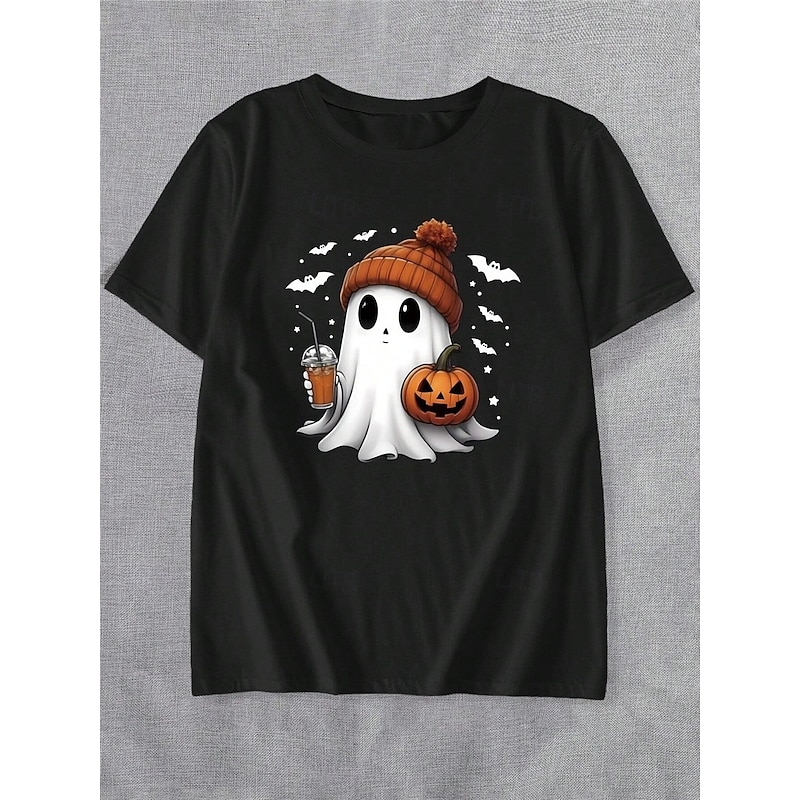 Halloween Women's T shirt Ghost Graphic Vintage Casual Short Sleeve Crew Neck Regular Tops Daily Weekend Print Black Yellow Orange Gold Summer Spring Fall3
