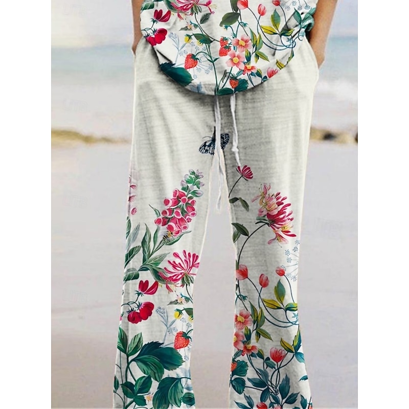 Women's Active Fashion Pants Sets 3/4 Length Sleeve Crew Neck Floral Print Vacation Daily Holiday White Summer Regular Fit2