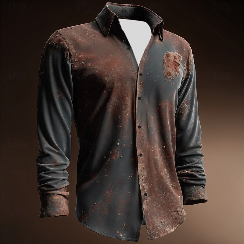 Men's Distressed Rust Print Shirt Button Up Shirt Casual Dress Shirt Long Sleeve Vintage Retro Vacation Daily Streetwear Summer Spring Turndown 3D Print Collared Shirts Brown Dark Blue