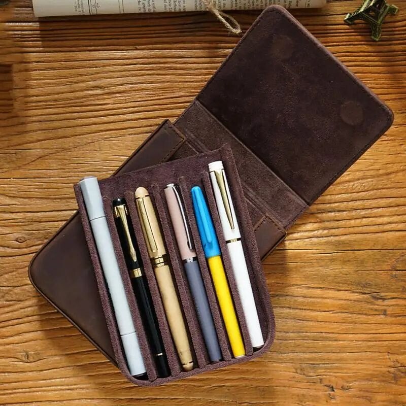 Vintage Genuine Leather Pen Box Case With 6 Slots Removable Pen Tray Holder Retro Pen Pouch Bags School Office Supplies3