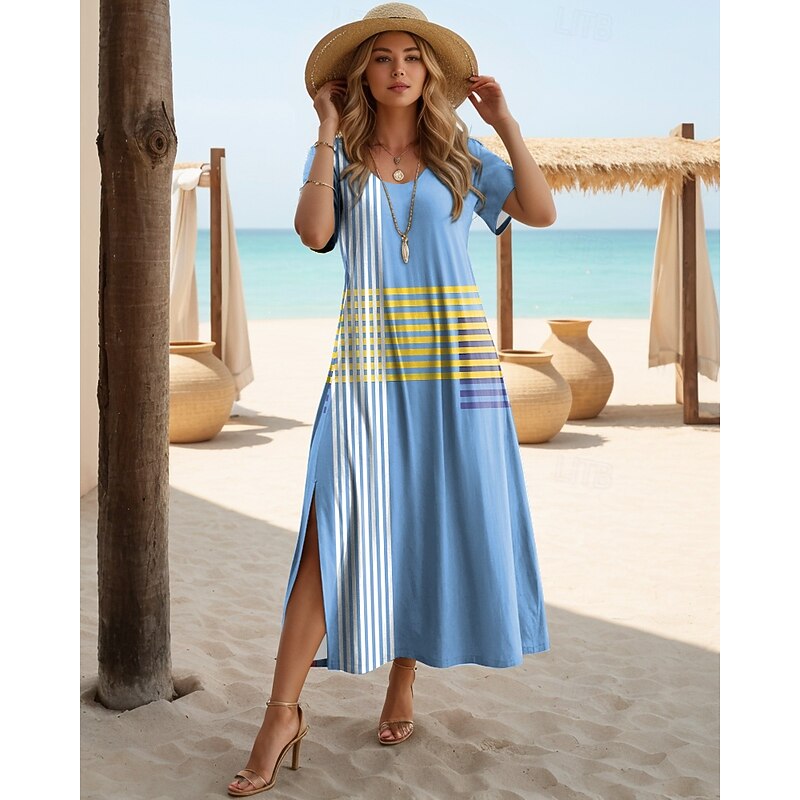 Women's Maxi Dress T Shirt Dress Tee Dress Sundress Shift Dress Vacation Casual Beach Party Beach Regular Fit Geometric Stripe Short Sleeve Crewneck Yellow Pink Red Blue Summer Spring2