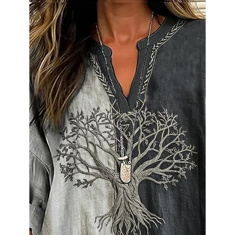 Women's Blouse Graphic Vintage Daily Casual  Long Sleeve V Neck Regular Tops Tribal Tree Of Life Vintage Designer Basic Print Vacation Street Going out Daily Holiday Buttons Print Gray Spring Fall3