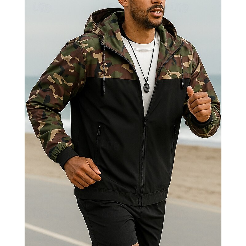 Men's Running Jacket Outdoor Jacket Hooded Jacket Pocket Long Sleeve Top Athleisure Camo / Camouflage Windproof Outdoor Running Yoga Sportswear Activewear Red Blue Green3