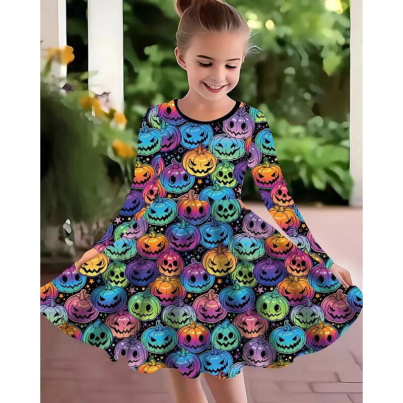 Halloween Girls' 3D Halloween pumpkin Dress Long Sleeve Summer Spring Vacation Daily Holiday Princess Beautiful Sweet Kids 4-12 Years Casual Dress A Line Dress Knee-length Regular Fit