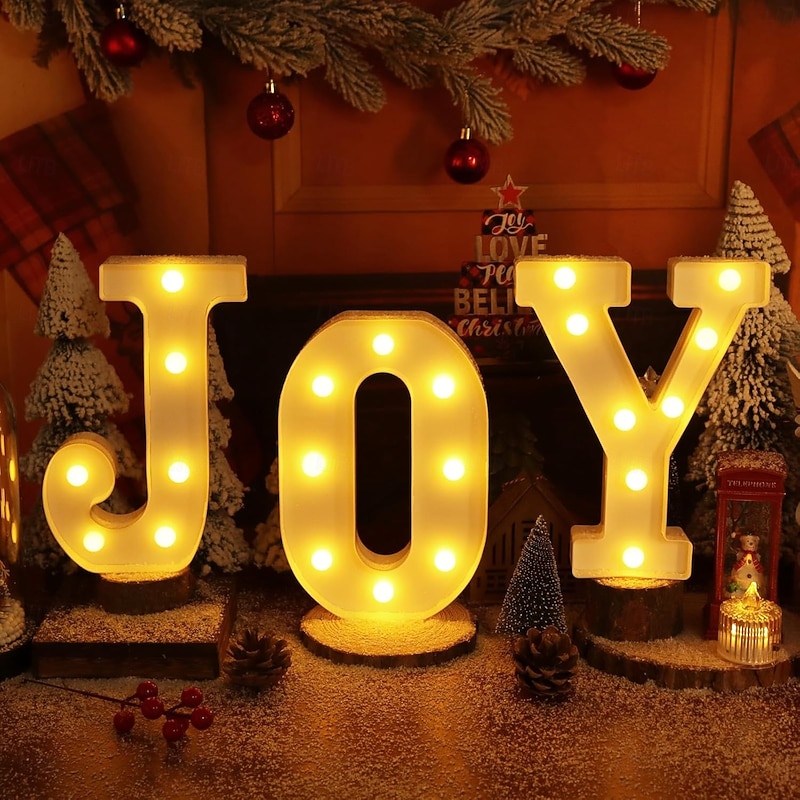 Christmas Decorations Indoor Home Decor - 3 LED 8.5 Inches Marquee Light Up Joy Letters Lights Sign Battery Operated Christmas Signs for Mantel Home Bar Party Bedroom Wall Fireplace Xmas Decor