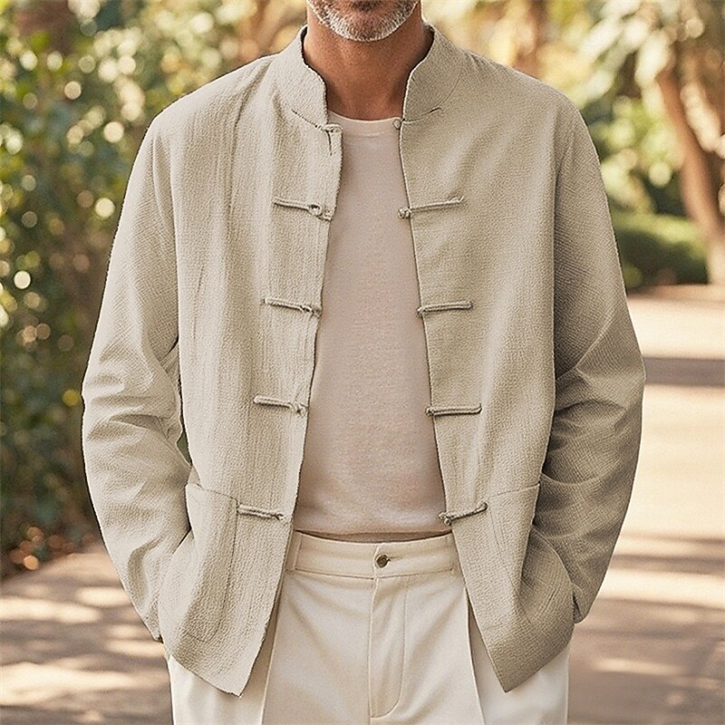 Men's Shirt Jacket Linen Jacket Shacket Vacation Daily Breathable Pocket Spring Fall Plain Fashion Classic Stand Collar Regular Black White Navy Blue Khaki Jacket2