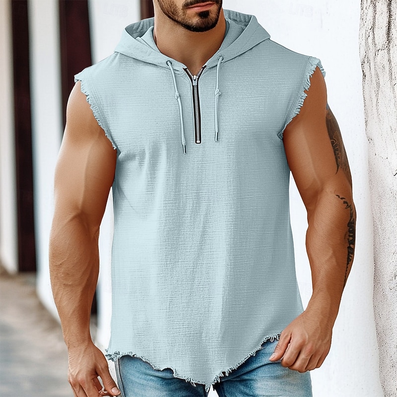 Men's Linen Shirt Tank Top Vest Undershirt Sleeveless Hooded Summer Plain Fashion Classic Modern Quarter Zip Street Casual Sports Black Pink Blue Top Tee for Men4