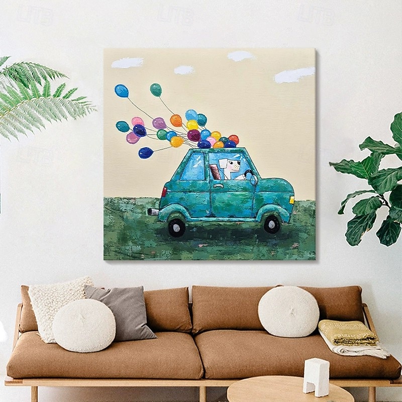 Handmade Oil Painting Canvas Wall Art Decoration Modern Cartoon Car Balloon Puppy for Home Decor Stretched Frame Hanging Painting/Rolled Canvas (No Frame)2