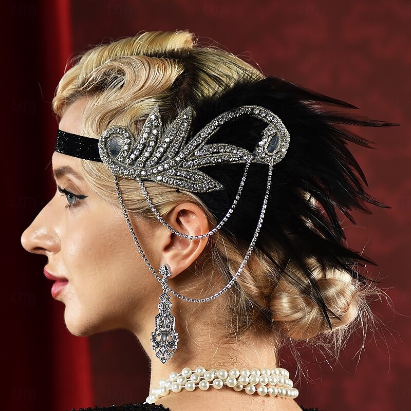 Women's 1920s Gatsby Flapper Headband - Rhinestone Feather Hair Accessory with Chains for Retro Themed Parties and Roaring Twenties Events2