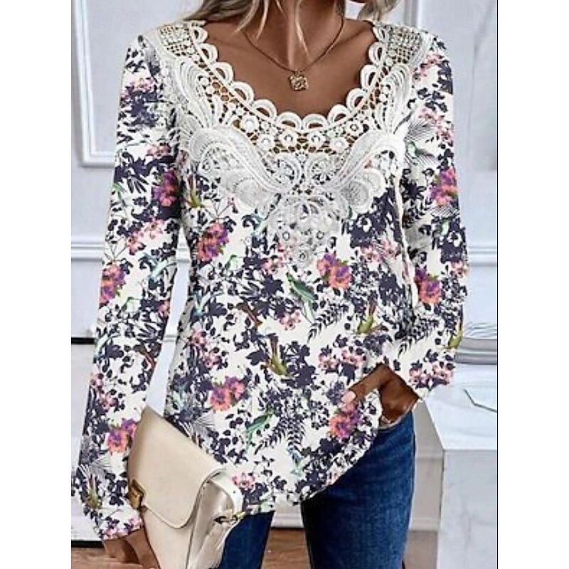 Women's Blouse Tunic Lace Splicing V Neck Long Sleeve Floral Graphic Plants Elegant Vintage Crew Neck Regular Tops Daily Going out Weekend Lace Patchwork Print Dusty Rose Purple Khaki Beige Fall2