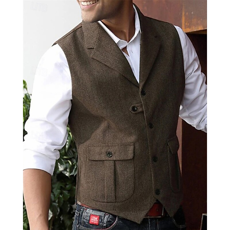 Men's Vest Waistcoat Gilet Vacation Party Business Fashion Casual Summer Spring Pocket Buttons Polyester Comfortable Plain Single Breasted One-button Lapel Regular Fit Navy Blue Dark Green Coffee Gray2