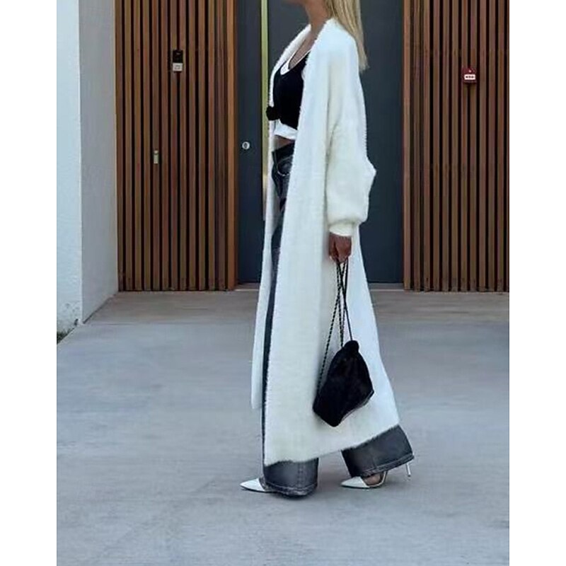 Women's Sweater Cardigan Fashion Streetwear Daily Solid Color Ribbed V Neck Knitted Long Sleeve Long Tops Knit Holiday Going out Weekend White Fall Winter3