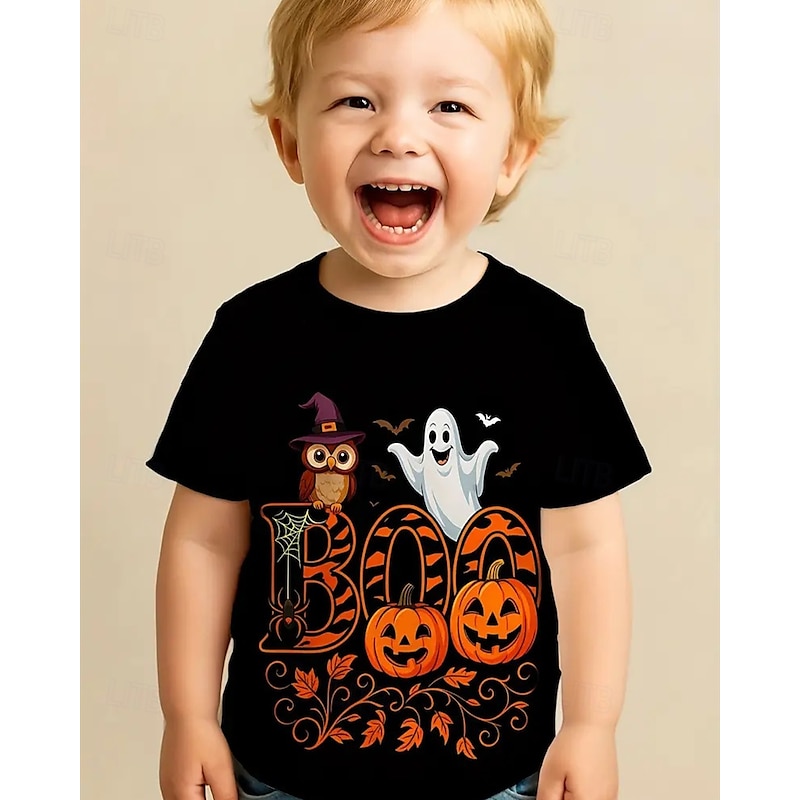 Boys Halloween Fun T-Shirt  BOO! Playful Graphic Tee 3D Pumpkin Ghost T shirt Tee Short Sleeve Summer Spring Fashion Basic Kids 4-12 Years Crew Neck Outdoor Casual Daily Regular Fit2