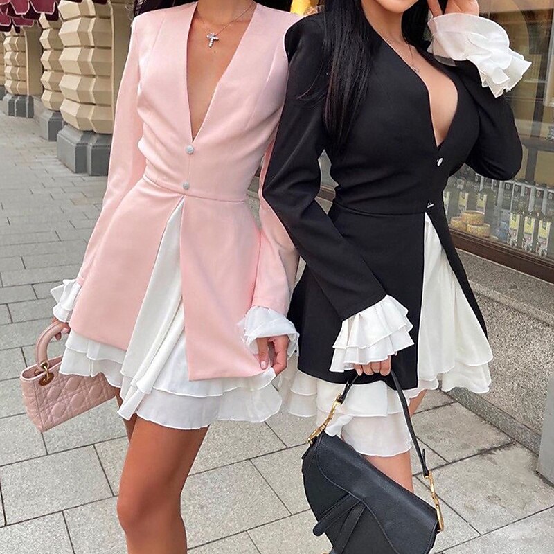 Women's Mini Dress Blazer Dress Peplum Dresses Fashion Modern Outdoor Vacation Holiday Regular Fit Color Block Long Sleeve V Neck Black Pink Fall