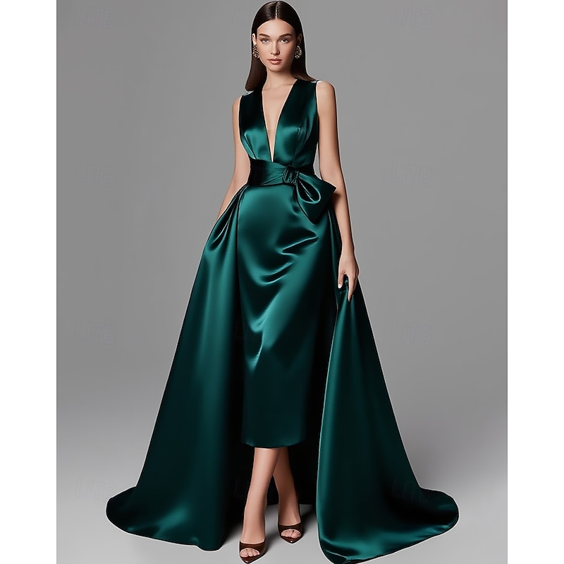 Gold A-Line Evening Gown Elegant Dress Formal Wedding Floor Length Sleeveless V NeckMother Of the Bride Dress Stretch Satin with Bow(s) Pleats3